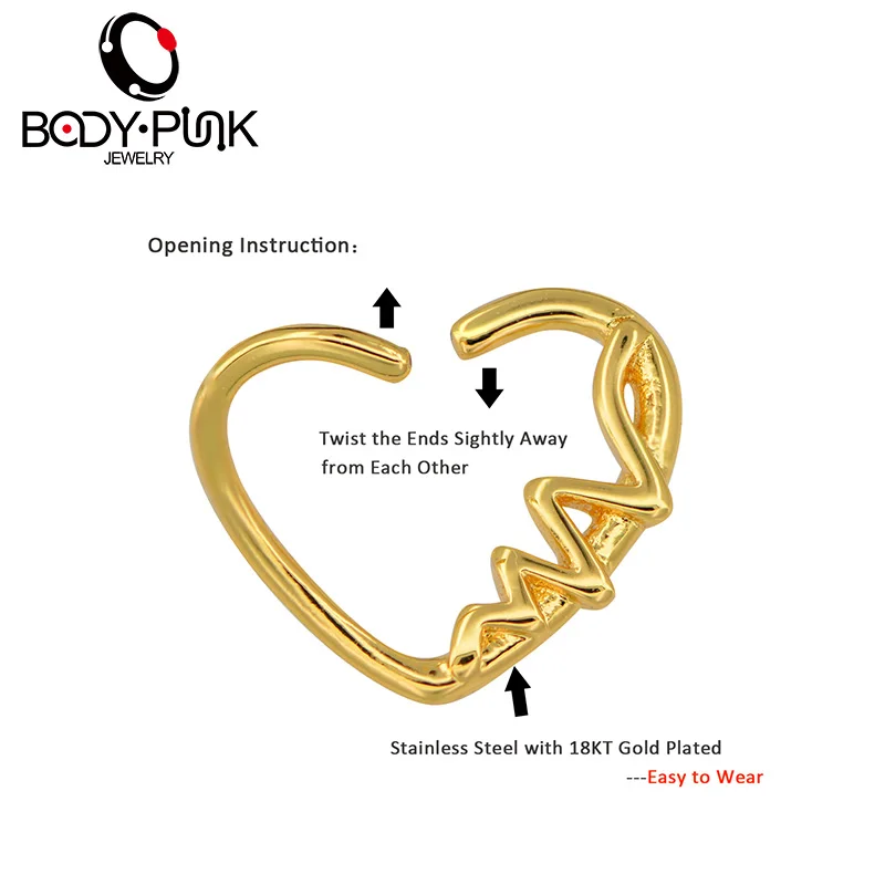 Тело панк в форме сердца волны левое закрытие Daith серьги, Надеваемые На ушной хрящ хирургическая штанга нержавеющая сталь трагус пирсинг