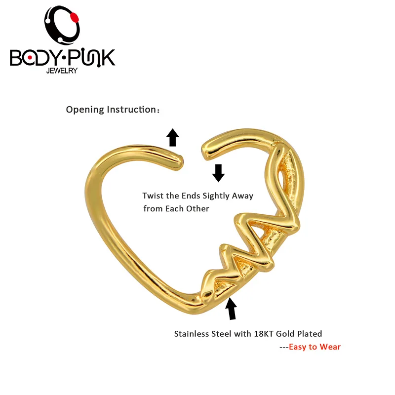 BODY PUNK Heart Shaped  Waves Left Closure Daith Cartilage Earring Wholesale Surgical Stainless Steel Barbell Tragus Piercing   (5)