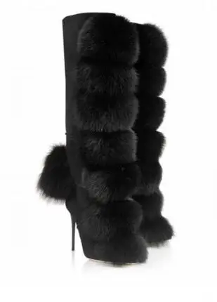 

Black Women Winter Sexy Fox Hair Ball Embellished Knee High Boots Girls High Heels Long Boots Ladies Zipper Dress Shoes