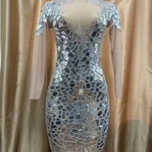 Блестящие серебряные зеркальные сетчатые платья, платья для дня рождения, костюм для певицы, выступлений, танцев YOUDU