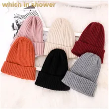 Модная шерстяная шапка Skullies Beanie для женщин и девочек, однотонная теплая шерстяная трикотажная шапка, ветрозащитная женская зимняя шапка