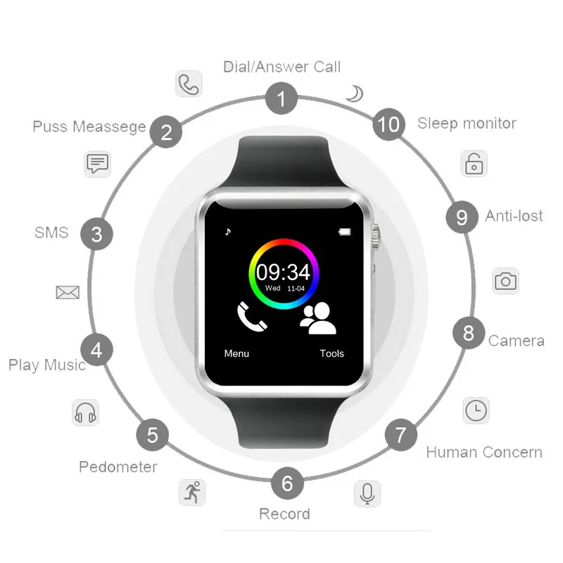 A1 наручные часы Bluetooth Смарт фитнес Шагомер одежда SIM Камера Smartwatch для Android