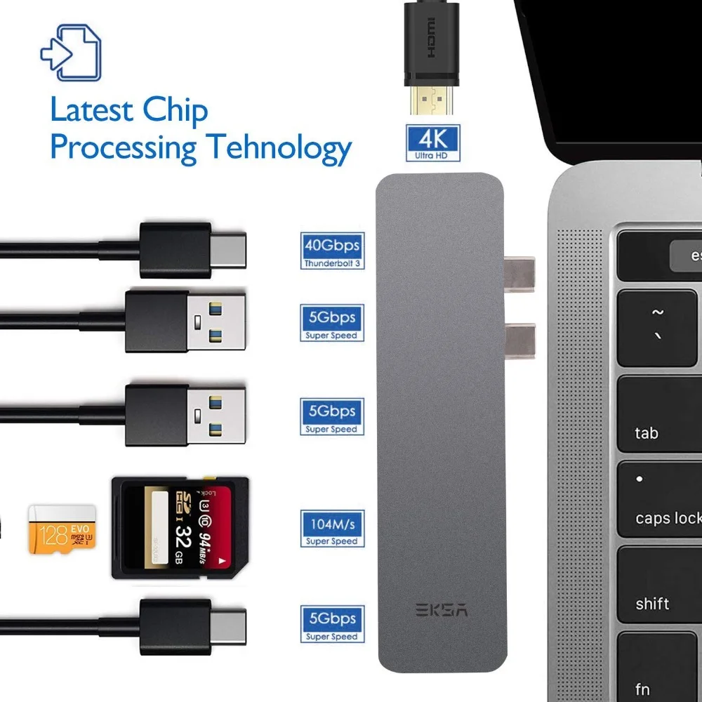 EKSA USB C Hub 7 in 1 Aluminium Thunderbolt Adapter mit 4K HDMI/Thunderbolt 3/ Ladeport Typ C/SD/Micro SD Kartenleser/ 2 * USB 3 EKSA USB C Hub 7 in 1 Aluminium Thunderbolt Adapter mit 4K HDMI/Thunderbolt 3/ Ladeport Typ C/SD/Micro SD Kartenleser/ 2 * USB 3
