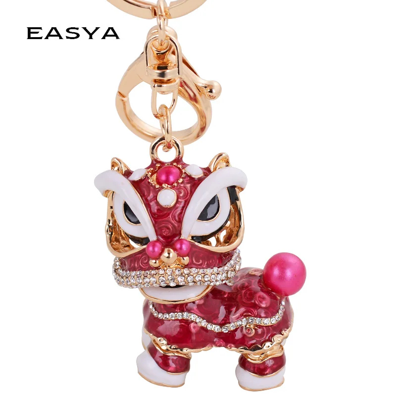 

EASYA Chinese Festival Rotatable Lion Dance Men Car Keychain Crystal Lucky Mascot Key Chain Ring Women Bags Holder Charm