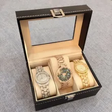 2016 Good Feedback Wrist Watch Display Storage Organizer Box Container 3 Cell Leather Windowed Case watch box 3 cells hot sale
