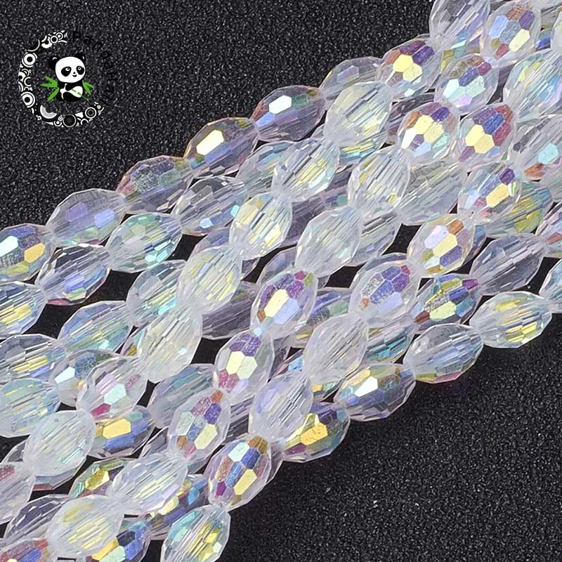 10Strands Electroplate Glass Beads, AB Color Plated, Faceted Oval, White, bead: 6mm long, 4mm thick, hole: 1mm, about 72pcs/str