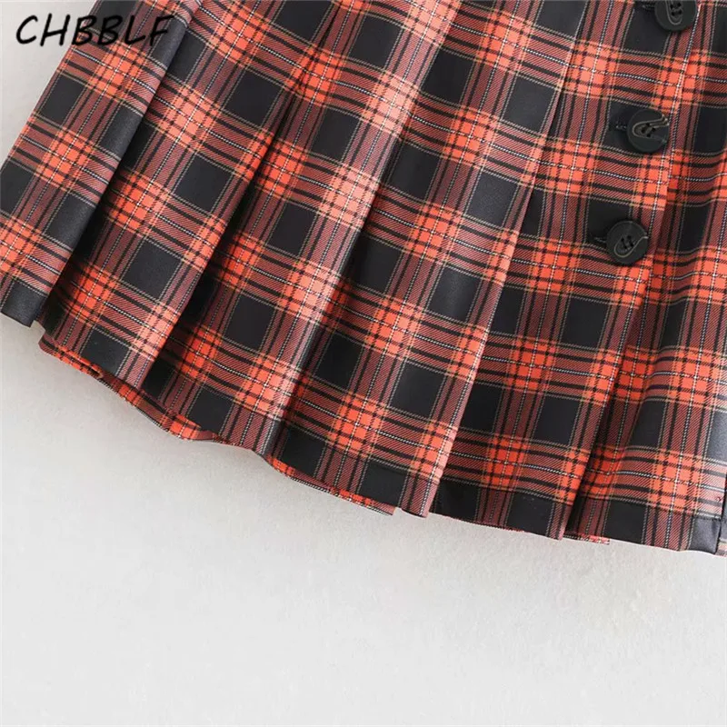 CHBBLF для женщин chic плед плиссированные юбки сбоку пуговицы дизайн faldas mujer Винтаж довольно стиль юбка повседневные мини-юбки BGB8615