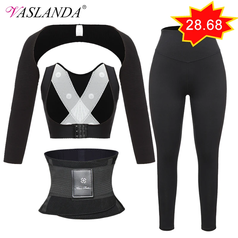

VASLANDA 4pcs/set Women Arm Shaper + Sauna Sweat Slim Vest + Slimming waist trainer + Fitness Leggings 4 In 1 Workout Sportswear