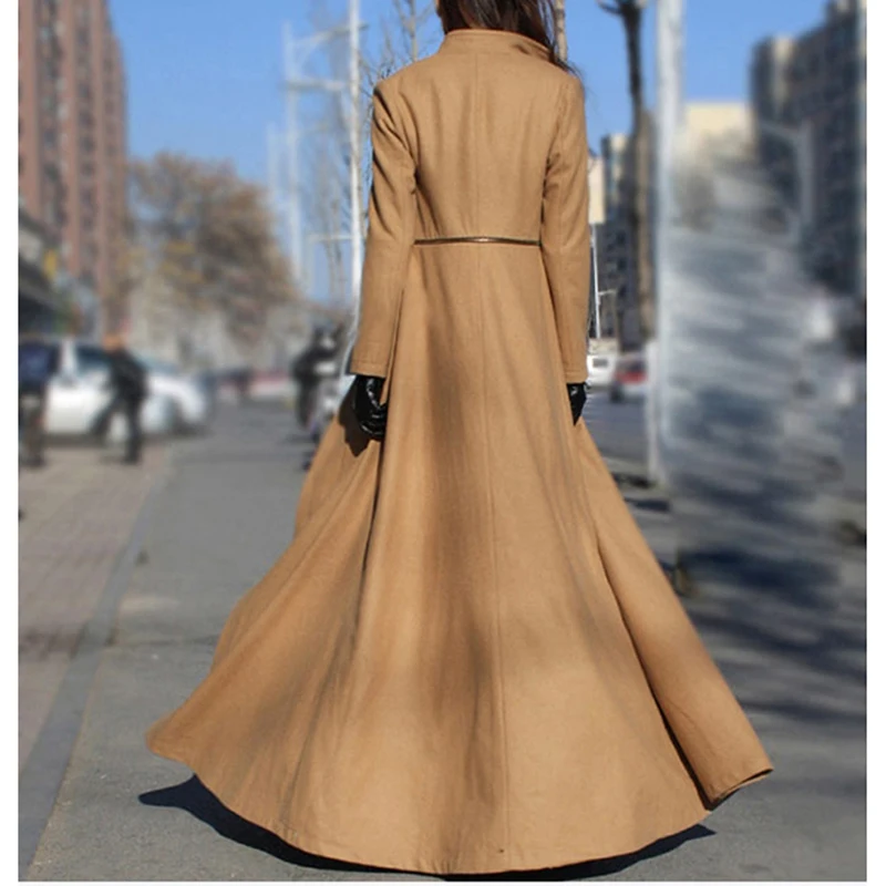 

2019 Feminino European and American Women Autumn Winter Woolen Maxi Long Coat Trench Female Robe Outerwear Manteau Femme