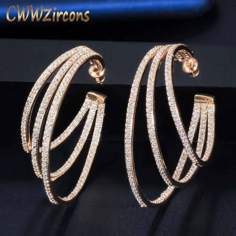 

CWWZircons 3 Circle Bling Cubic Zirconia Pave Luxury Yellow Gold Color Big Round Geometric Hoop Earrings for Women CZ581