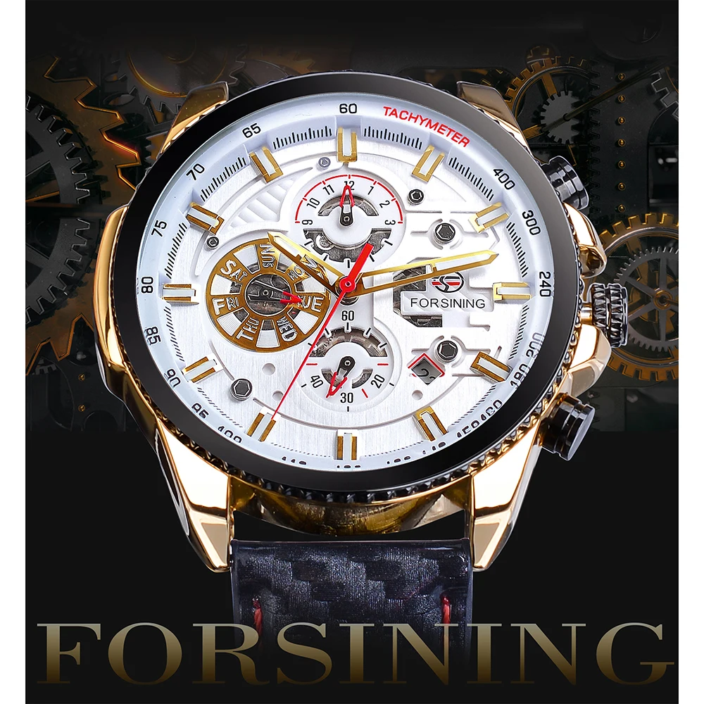 FORSINING التلقائي الذاتي الرياح حركة الأسود الرجال ووتش الذهبي متعددة الوظائف تاريخ مصقول أزياء والجلود الميكانيكية الذكور ساعة FORSINING التلقائي الذاتي الرياح حركة الأسود الرجال ووتش الذهبي متعددة الوظائف تاريخ مصقول أزياء والجلود الميكانيكية الذكور ساعة