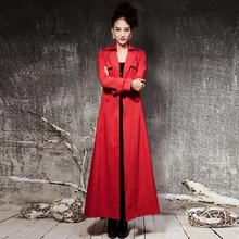 Новая мода весна осень женский черный красный длинный плащ отложной воротник размера плюс длинная верхняя одежда женская ветровка пальто