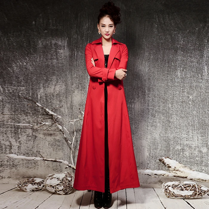

New Fashion Spring Autumn Women Black Red long trench coat turn down collar plus size long outwear Ladies' windbreaker overcoats