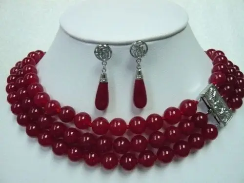 

very good Fancy 3 Row Green/Red 7-8mm gem Necklace Earring Ring Set yellow wholesale Quartz stone crystal earrings
