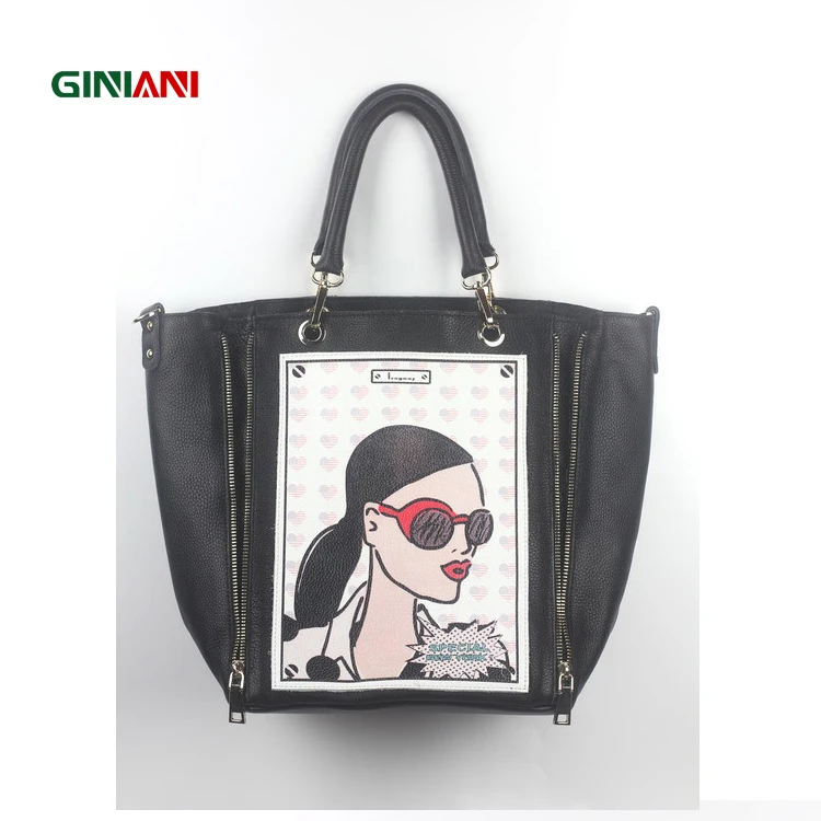 GINIANI Lederen vrouwen Longitudinale Dubbele Ritsen Grote Winkelen Bakken Mode Rock Stijl Hoofd Portret Schilderen Tas GINIANI Lederen vrouwen Longitudinale Dubbele Ritsen Grote Winkelen Bakken Mode Rock Stijl Hoofd Portret Schilderen Tas