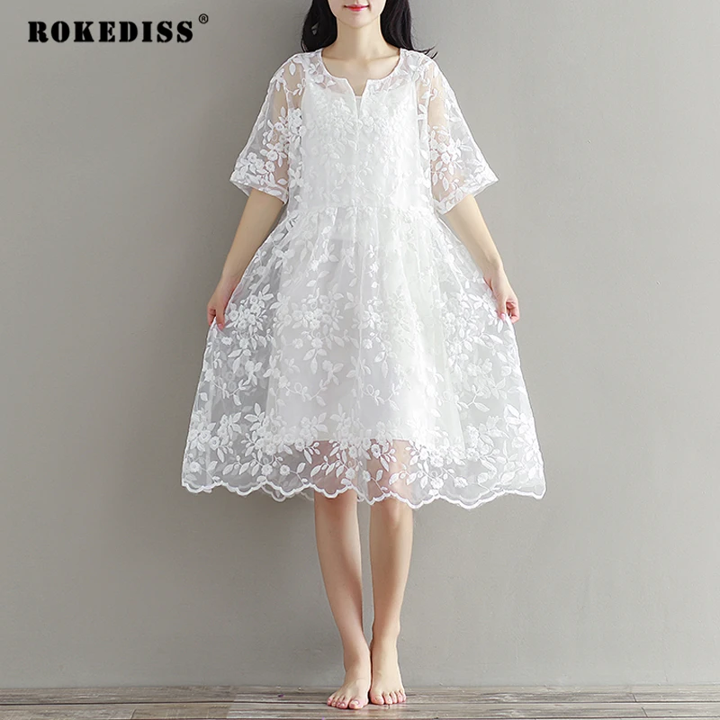 Sales! High quality lady white lace autumn crochet casual half long sleeves 2XL white dress clothing long-white-lace-dress