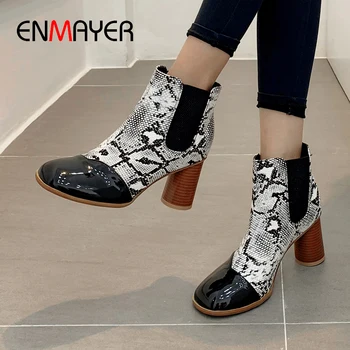 

ENMAYER Round Toe Patent Leather Chelsea Boots Spring/Autumn Fretwork Heels Elastic Band Ankle Women Boots Short Plush Boots