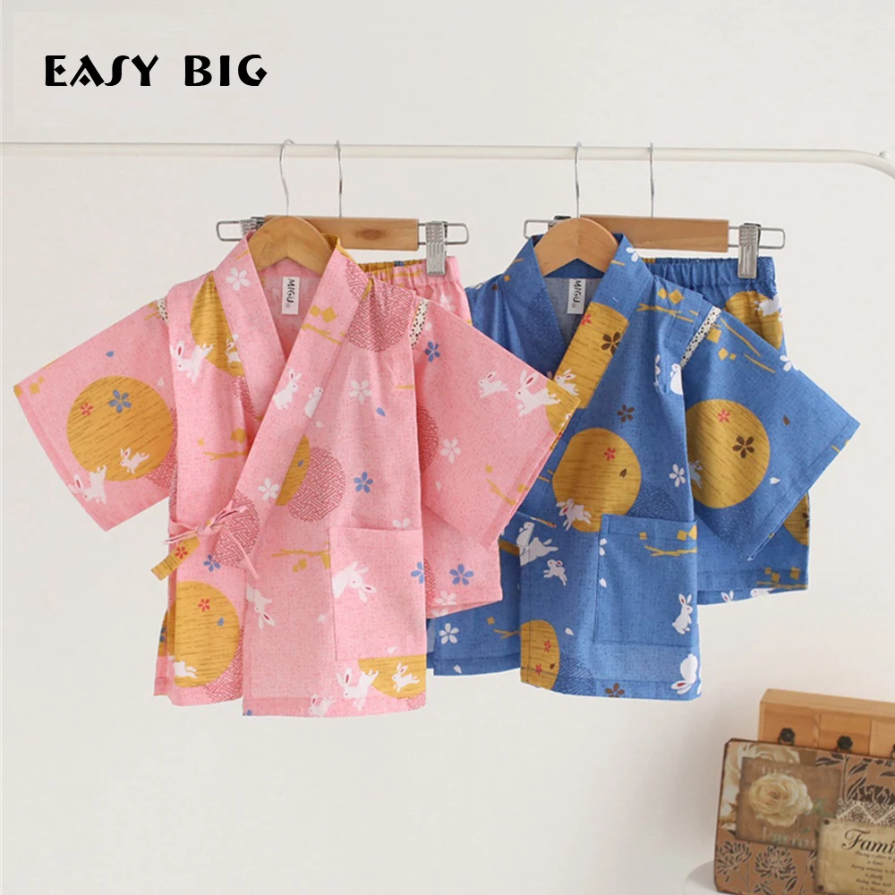 

EASY BIG Height:85-130CM Summer Cotton Knitted Children Pajamas Sets Regular Boys Sleepwear V-Neck Kid Pyjamas For Girls CC0099