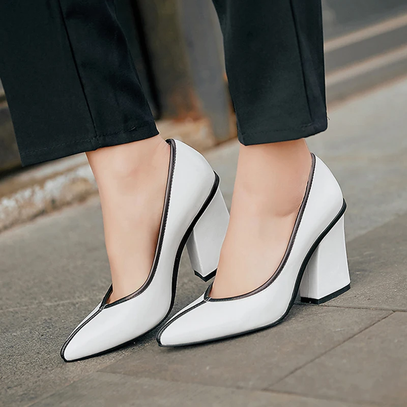 

Brand Women Pumps Mix-color Handmade Shoes Woman Genuine Leather Spring Office Pumps Slip on Hoof Heels Pointed Toe Footwear