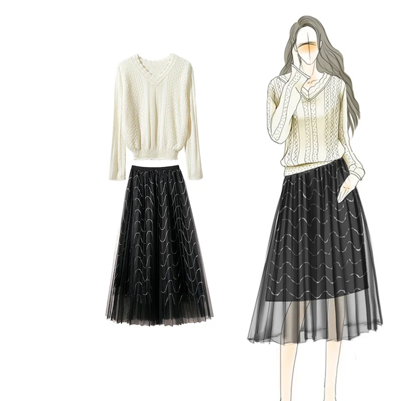 

two piece Cardigan long skirt set V-neck Hollow Cardigan Pleated skirt sweater women