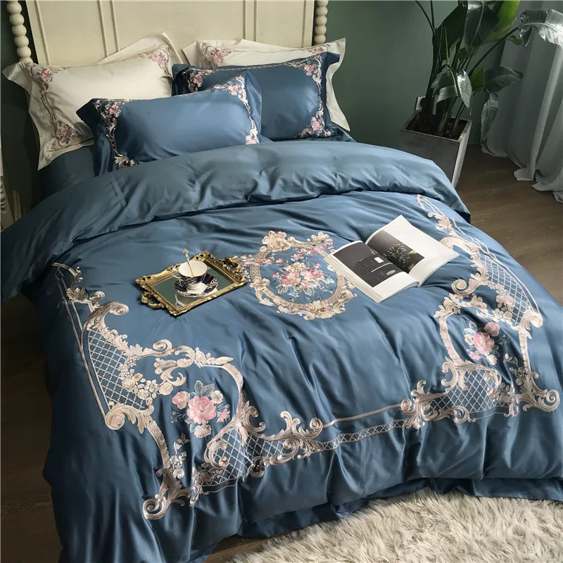 

Blue Green White Luxury Royal Flowers Embroidery 100S Egyptian Cotton Palace Bedding set Duvet cover Bed sheet/Linen Pillowcases
