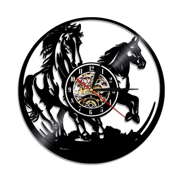 

1Piece Horses LED Lighting Animals Vinyl Record Wall Clock Horse Laser Etched Remote Controller Modern Clock