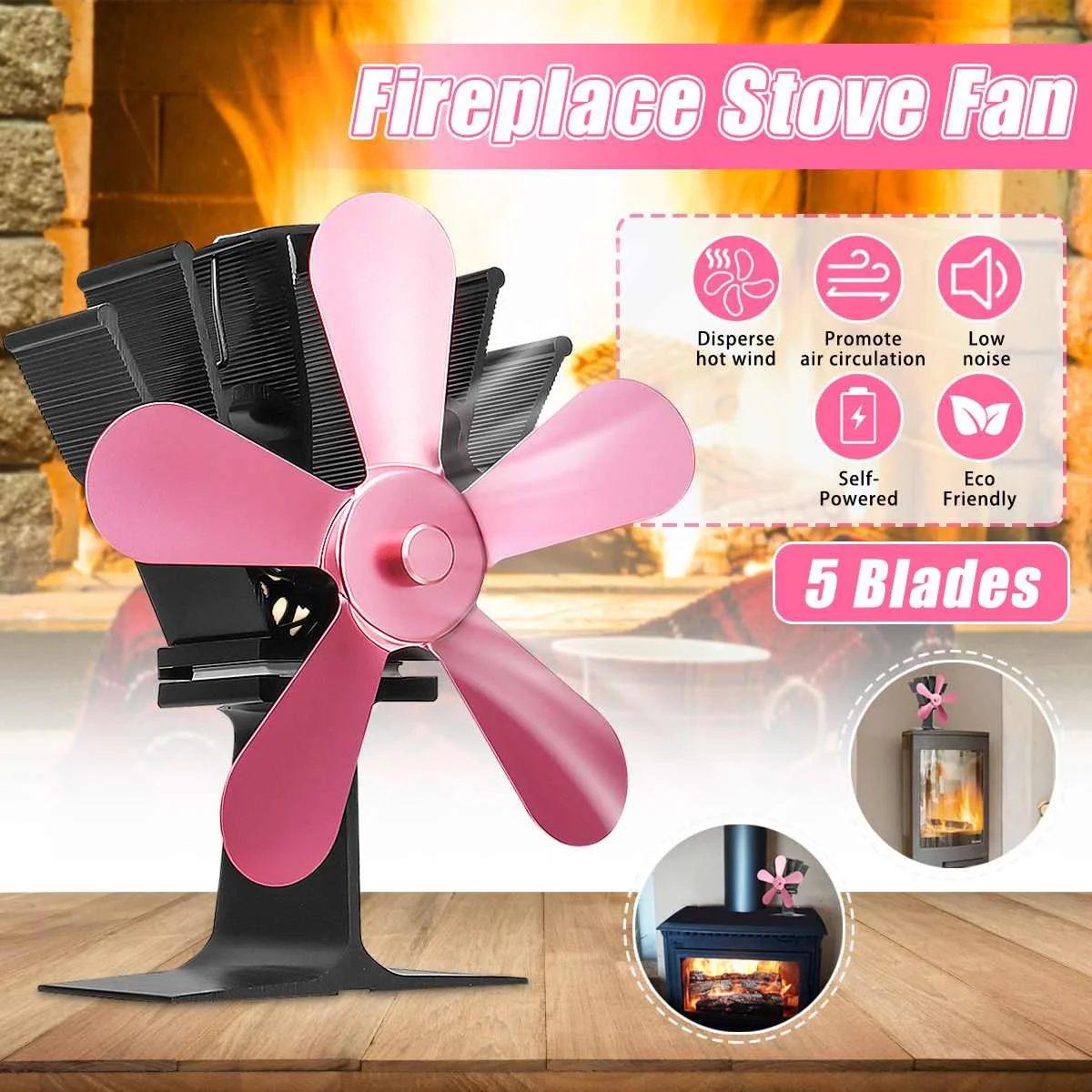 

High Efficient Home Stove Fan 5 Blade Fireplace Fan Heat Powered Saving Wood Burner Eco Fan Red Friendly Quiet Heat Distribution