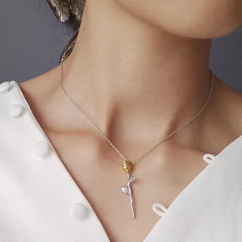 

lADY'S Authentic 925 Sterling silver goldEN rose flower pendant necklace Valentine's Day festival jewelry X105