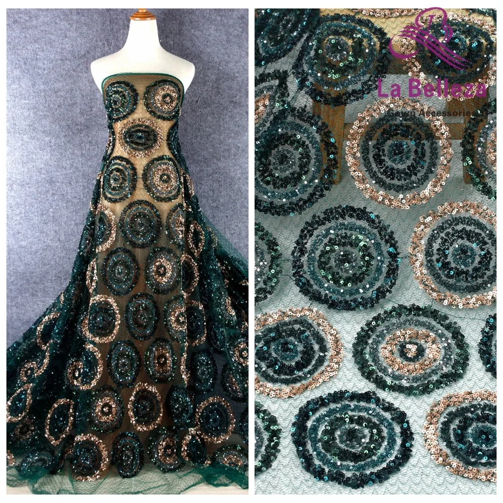 

La Belleza 1 yard beautiful hot green mixed sequins Circle pattern fashion gown lace fabric 51" width light weight