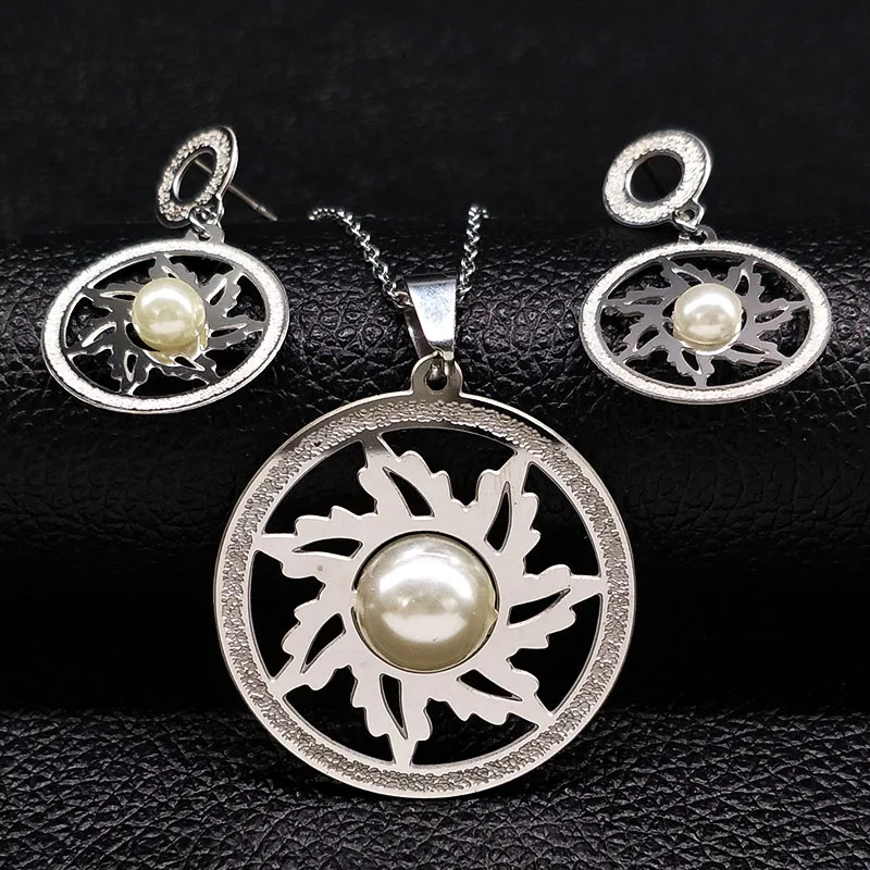 

Round Stainless Steel Set for Women Jewelry Silver Color Imitation Pearl Earrings Necklace Set Jewelry sieraden sets S178236