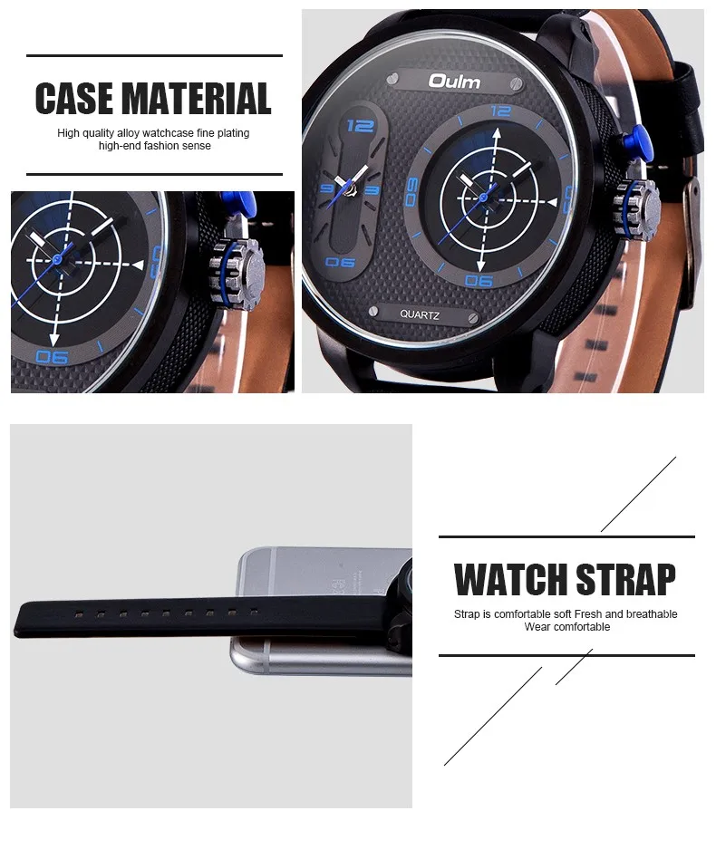 Oulm New Fashion Two Time Zone Wristwatch Big Size Genuine Leather Men's Watches LED Radar Style Male Quartz Watch