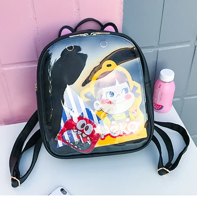 Lovely Cat Ear Leather Backpacks Candy Color Transparent Bag Teenage Girls Travel Bakpack Children Shoulder Bags School Itabag - Цвет: black