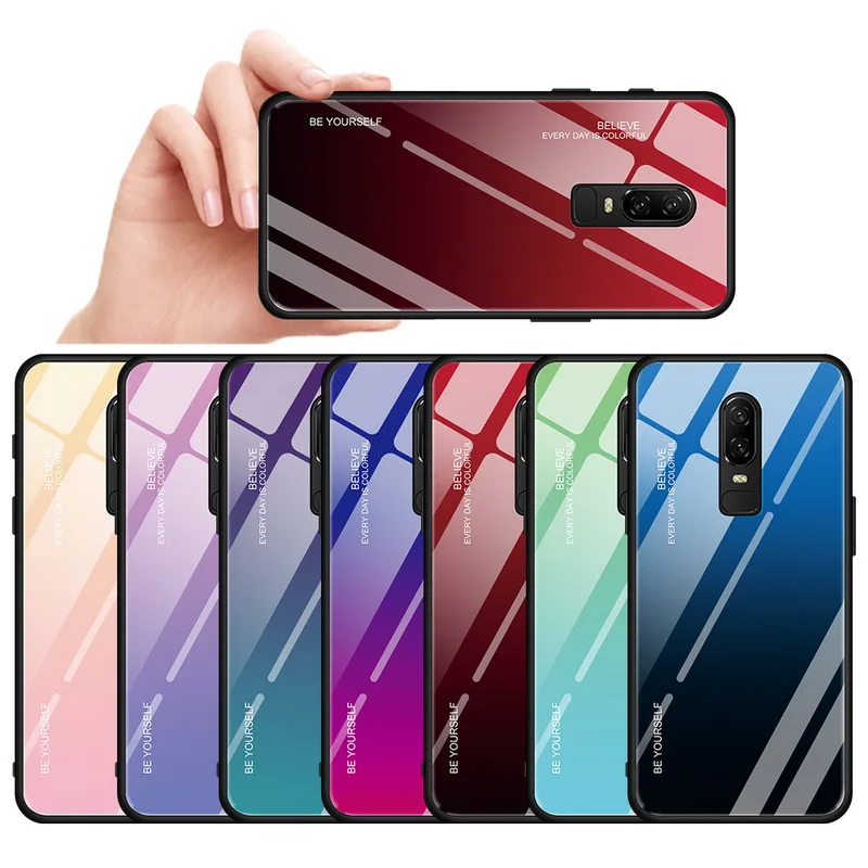 

Gradient Tempered Glass Case For OnePlus 7 Pro 1+7 6 OnePlus 6T 1+6T Silicone Frame Hard Glass Back Phone Cover Case