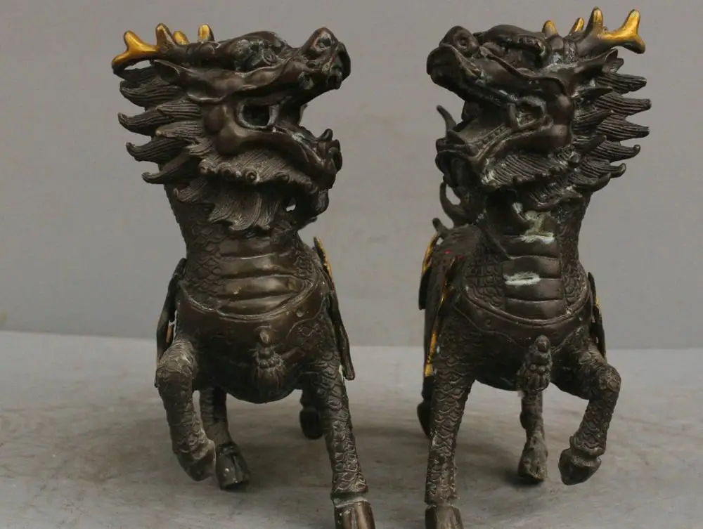 

10" China Fengshui Unicorn Animal Pair Foo Dog Dragon Bronze Statue