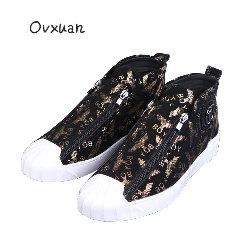 Wholesale Shell Cap Men Loafers Sheet Metal Gold Eagle Zip High Top Men Shoes Casual Leisure Hip Hop Flats Sneakers botas Hombre - Color: Gold