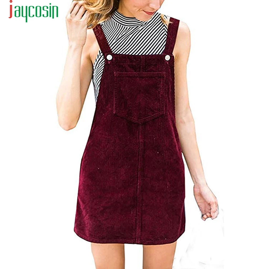 

JAYCOSIN Women Dress Corduroy Straight Suspender Mini Bib Overall Pinafore Casual solid Pocket Dress 2019 NEW arrival