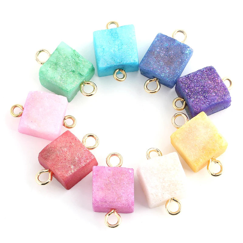 

9 Colors Natural Square Druzy Connectors 12mm Crystal Gem Stone Jewelry Findings Handmade Quartzs Connectors For Jewelry Making