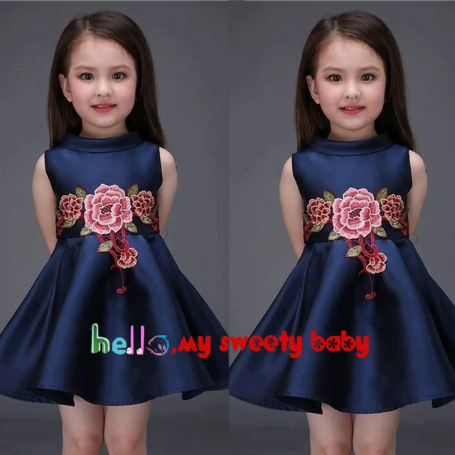 Cheap 2017 Little Girls Party Dresses Crew Neckline Short Mini Satin Embroidery A Line Royal Little Flower Girls' Dresses