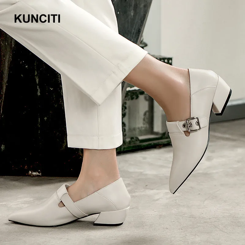 

2019 KUNCITI Plus Size 34-42 Women Sexy Pumps Pointy Toe Med Heel Ladies Genuine Leather Loafers Slip On Square Heels G991