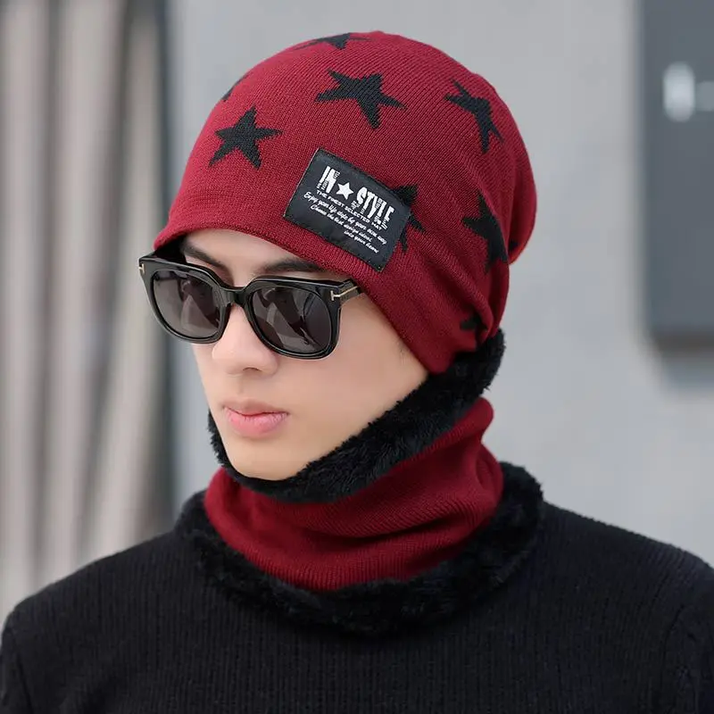 Printed Star Men's Winter hat and Scarf Set Skullies Beains Cotton Thick Winter Warm Hat Ring Scarf Female Hats Men - Color: wine