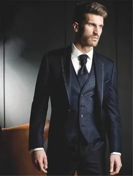 

New Design One Button Navy Blue Groom Tuxedos Groomsmen Best Man Suits Mens Wedding Blazer Suits (Jacket+Pants+Vest+Tie)