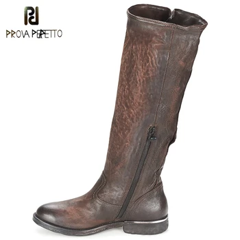

Prova Perfetto England Retro Genuine Leather Buckle Women knight Boot Neutral Solid Chunky Heels Square Toe Knee High Long Boots
