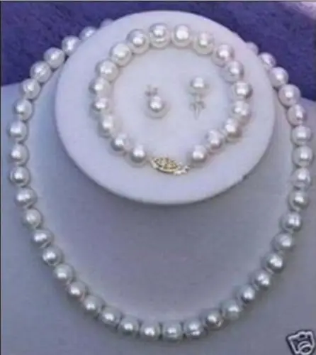 

Natural 8-9mm White freshwater Cultured Pearl Necklace Bracelet Earring Set LL01^^^@^Noble style Natural Fine jewe FREE SHIPPING