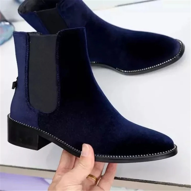 

Luxury Flock&Leather Woman Ankle Boots Crystal Round Toe Slip On Slingle Chelsea Boots Gladiator Party Dress Shoe Tenis Feminino