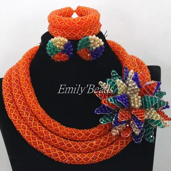 

2016 Luxury Orange Women Costume Statement Necklaces Set Nigerian Wedding African Beads Crystal Jewelry Set Free Shipping AIJ982