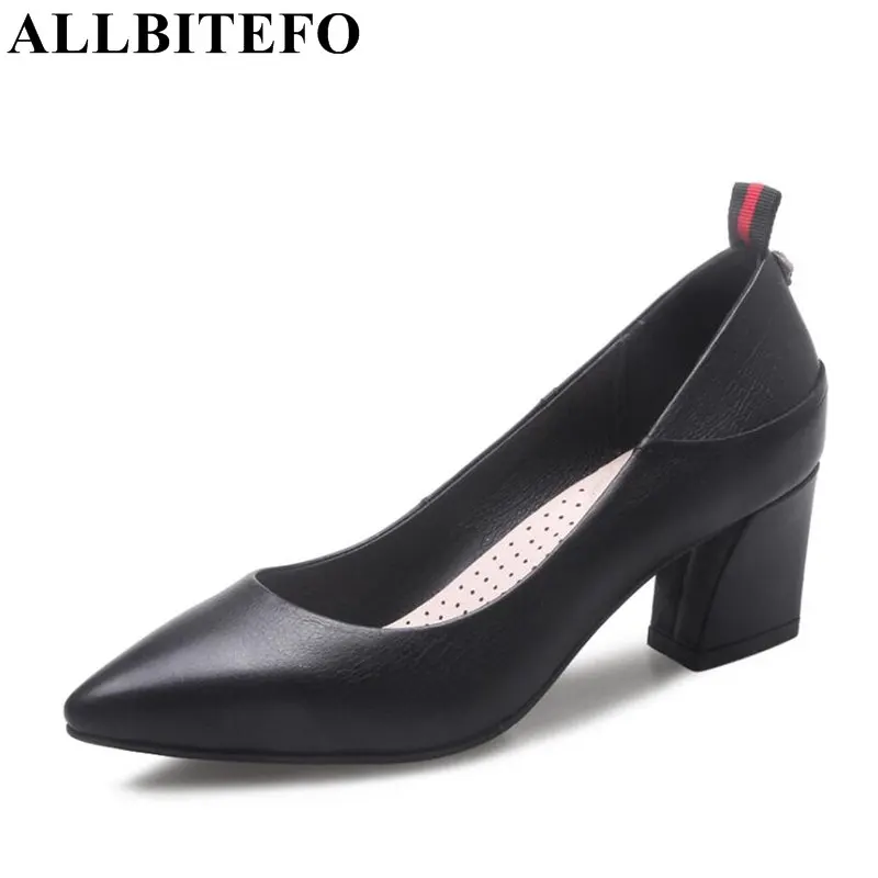 

ALLBITEFO large size:34-42 genuine leather pointed toe thick heel women pumps fashion medium heel ladies shoes woman Sra zapato