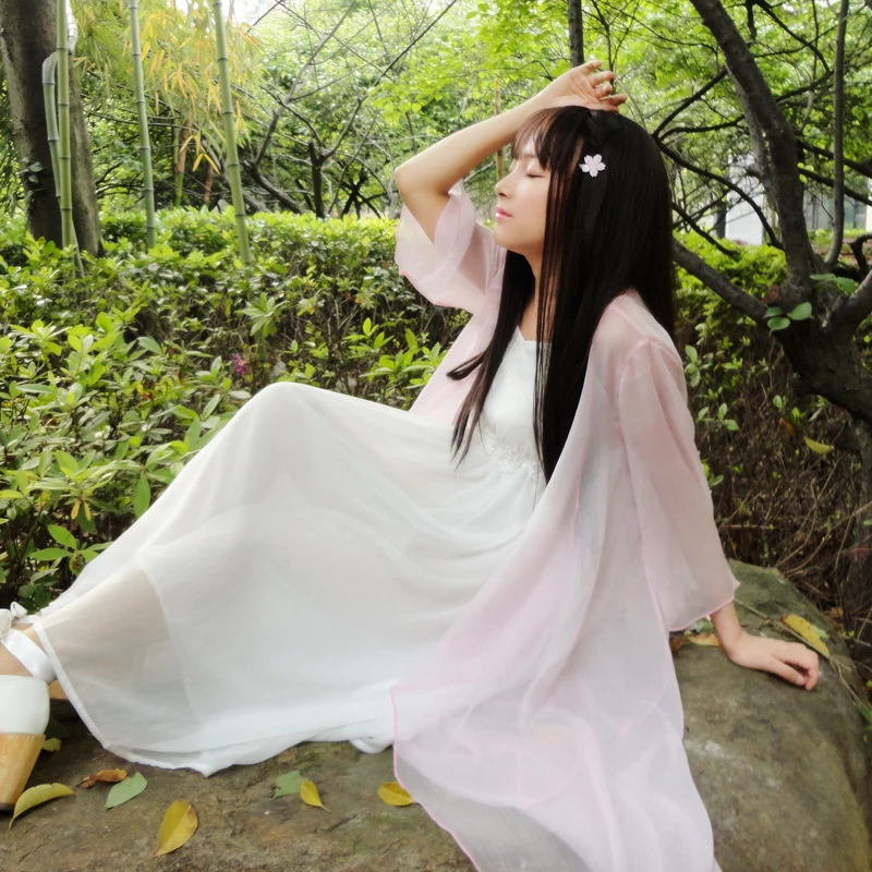 Туфли в стиле Mori Girl, Wintage Hanfu адаптировано китайский Стиль шифоновое платье с открытыми плечами, длинный накидка от солнца защитная одежда прозрачный плащ-Тренч Фея Кей