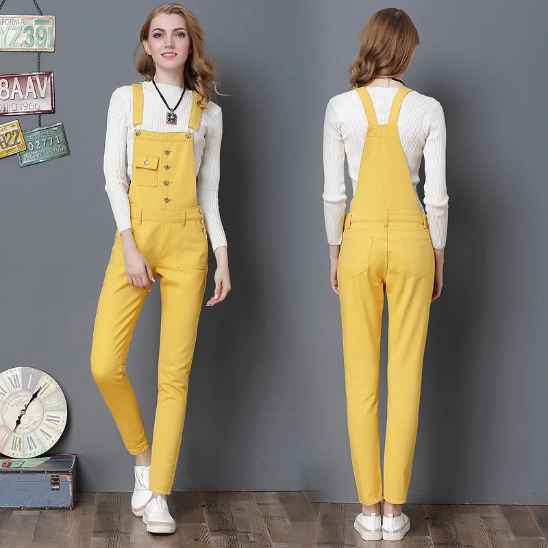 Casual Candy Yellow Denim Jumpsuits jeans Plus Size autumn overalls jeans For Women High Waist Denim Pants long Strap Rompers - Цвет: Золотой