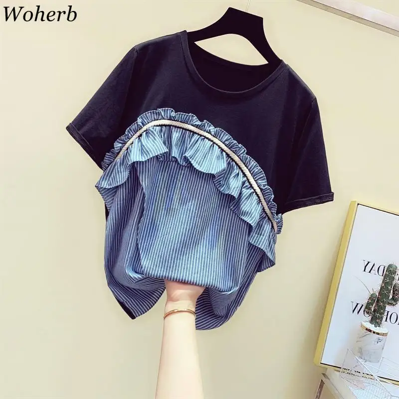 

Woherb 2019 Summer New Modis Korean Ruffle Patch T Shirt Women Asymmetrical Tops Vintage Striped Tee Shirts Femme Plus Size