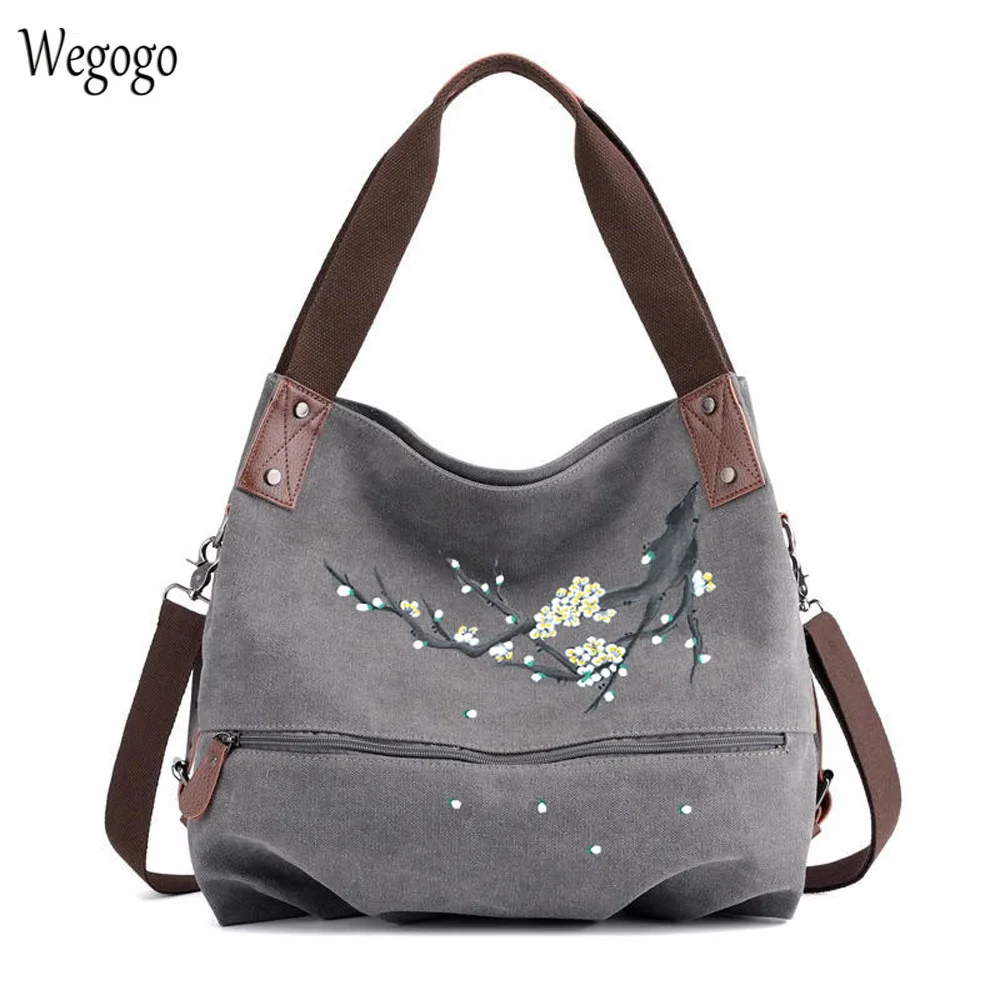 

Women's Hand-painted Handbag Large Capacity Canvas Shoulder Bags Female Casual Ethnic Floral Painting Travel Bag Bolso Mujer